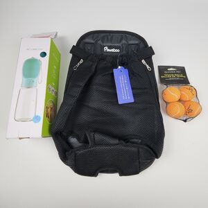 Dog Travel Bundle Pawaboo S/M Pet Carrier Backpack Water Bottle Tennis Balls